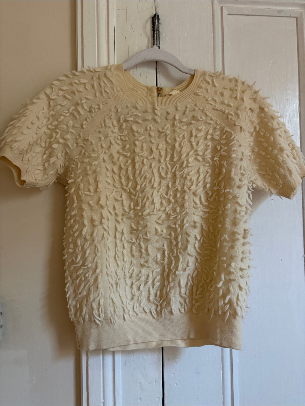 Maeve Cream Textured Short-Sleeve Crewneck Sweater